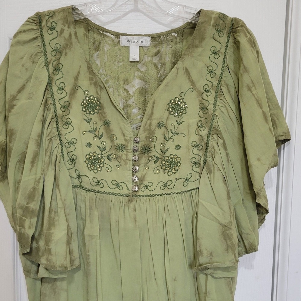Dressbarn Sage Green Tie Dye Embroidered Lace Back Flutter Sleeve Blouse Medium - Picture 3 of 7